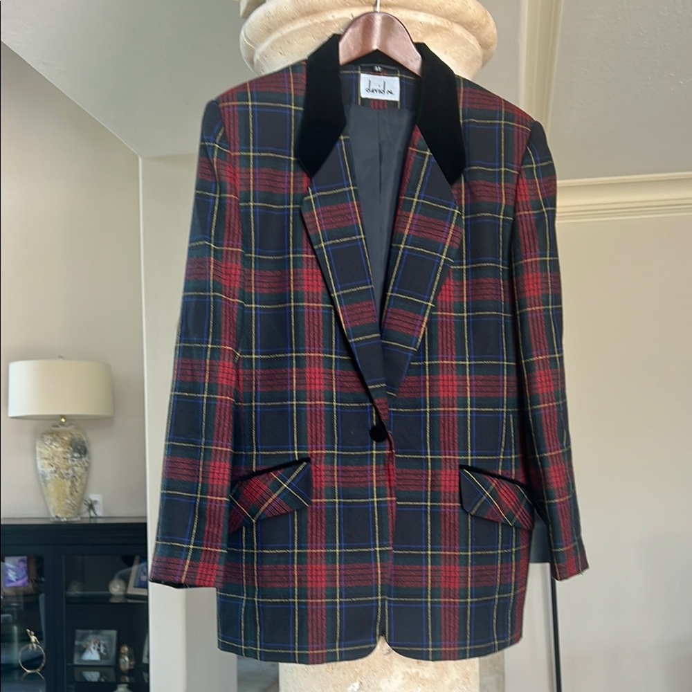 Vintage David N Red Green Black Blue Sport Coat Blazer with Velvet Lapels Sz 10